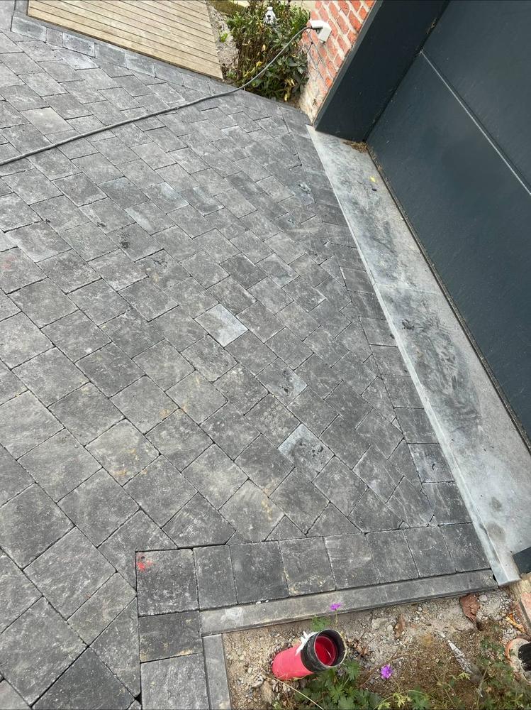 Allée en pavés terminée près d'une façade sombre