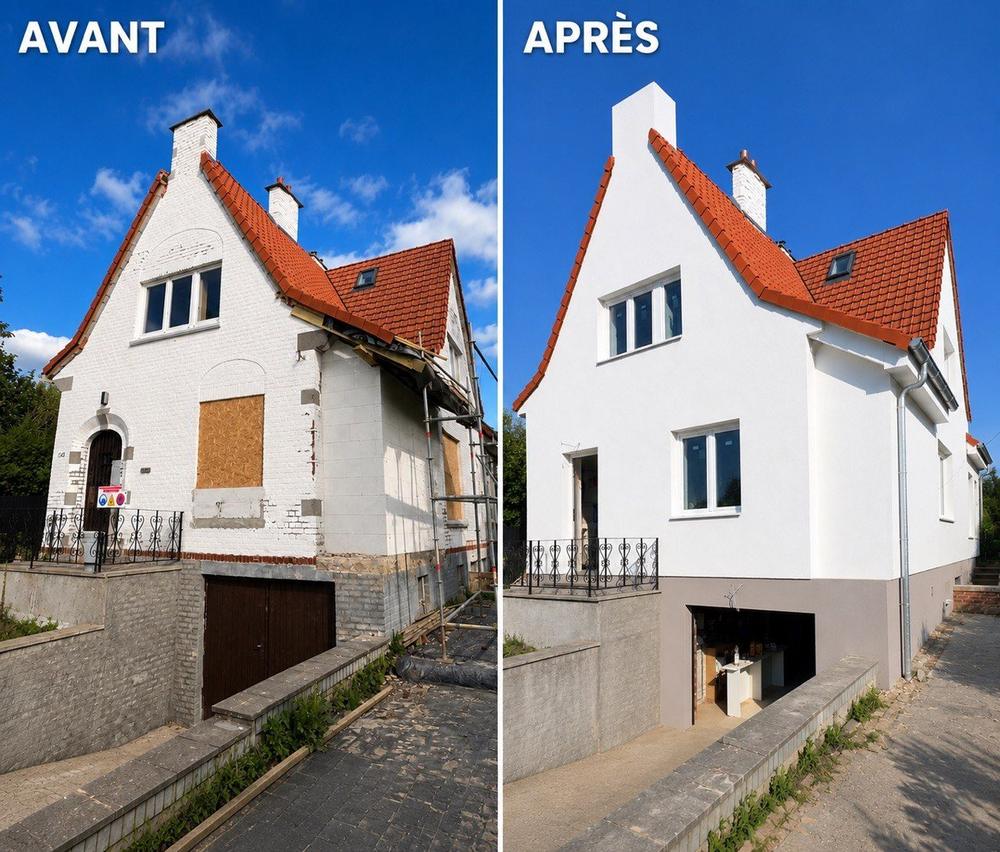 Façade avant / après rénovation, maison entièrement transformée