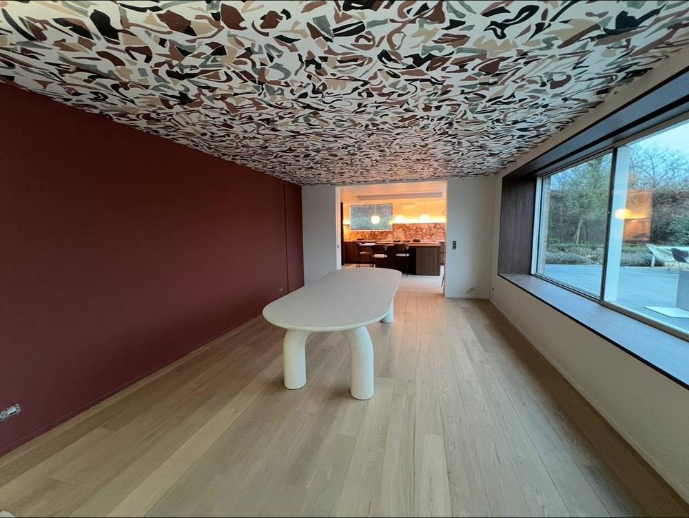 Grande pièce de vie rénovée, mur bordeaux et plafond décoratif, parquet chêne