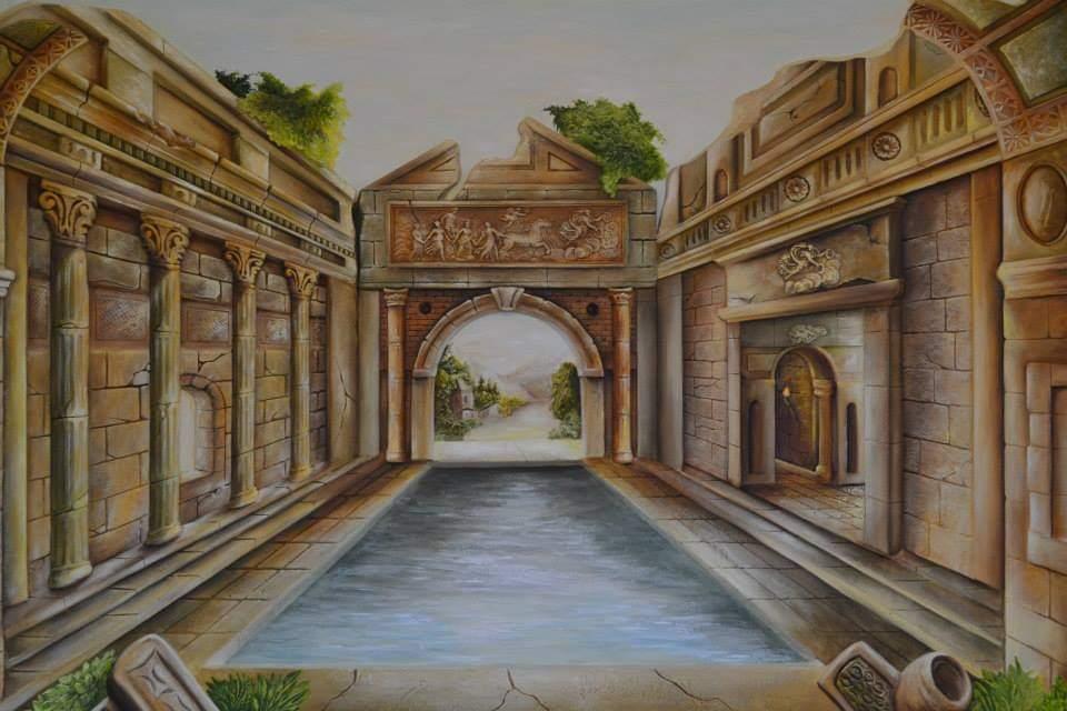 Fresque murale trompe-l'œil, décor architectural antique avec bassin