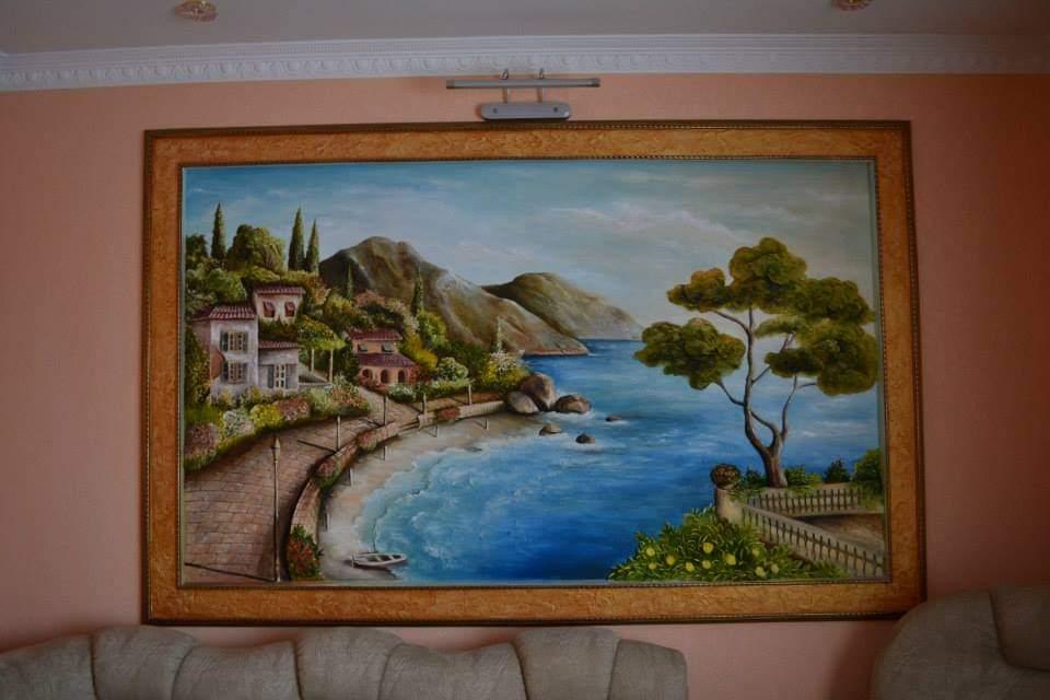 Peinture encadrée, paysage de bord de mer méditerranéen