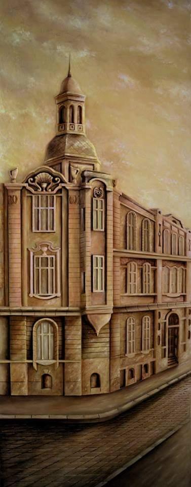 Peinture encadrée, façade d'un bâtiment ancien